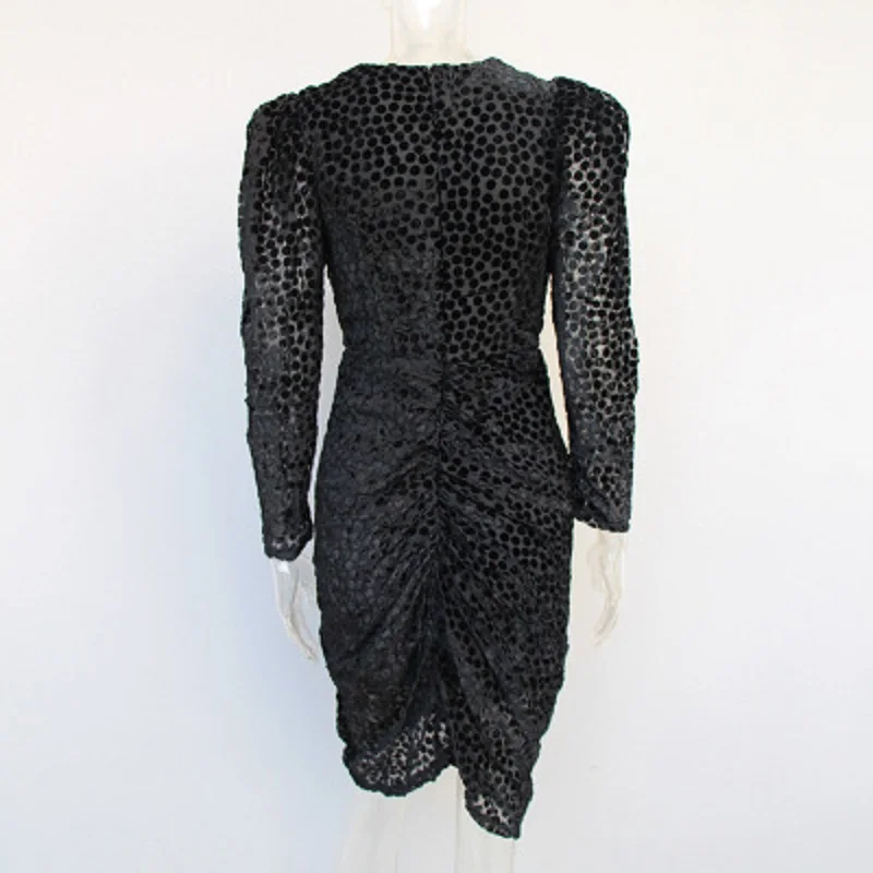Runway Black Dot 2019 Summer Lady Dress Draped V-neck Sexy Bodycon Sheath Chic Puff Sleeve Women Party | Женская одежда