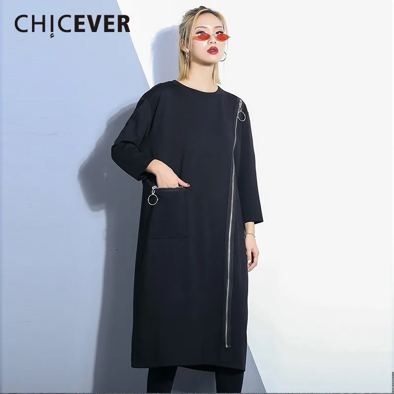 CHICEVER/весеннее лоскутное платье на молнии для женщин с круглым вырезом рукавом