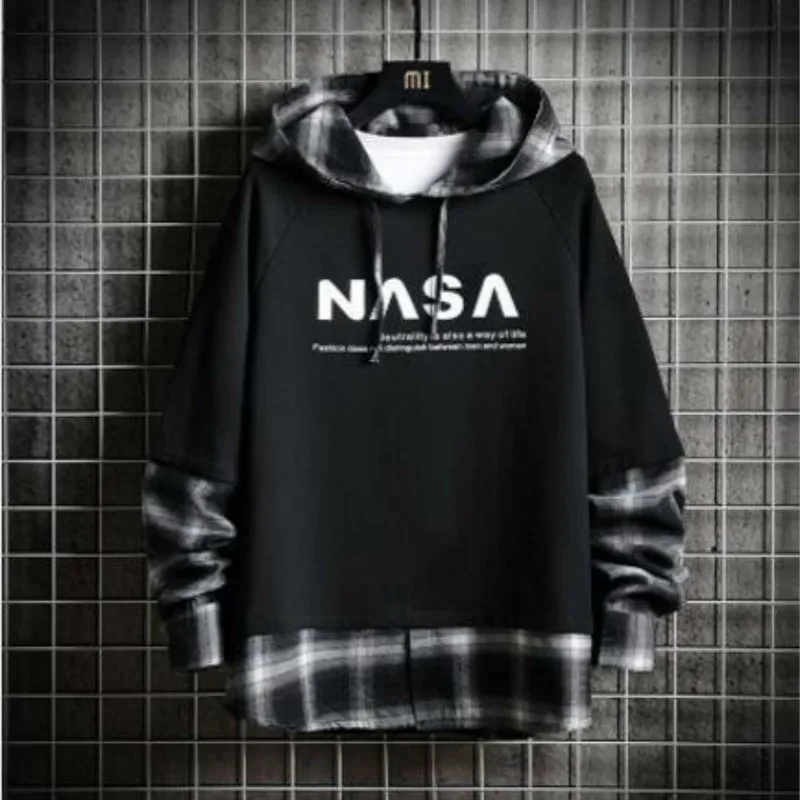 

Wind Lattice Split Joint Lovers Neutral Even Midnight Men Trend Loose Streetwear Harajuku Coat Hip Hop Hoodies Free Shipping