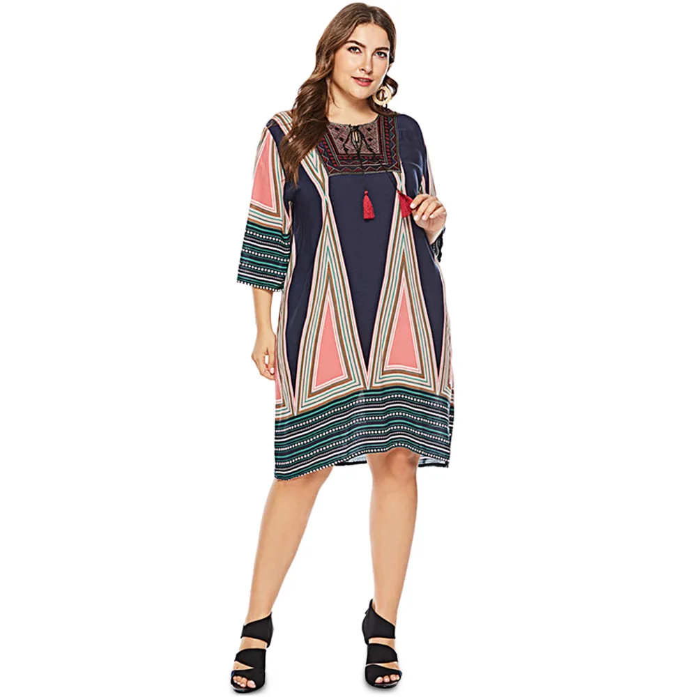2018 Plus Size New Fashion Women Dresses Geometric Pattern Tied Fringe Shift Dress | Женская одежда