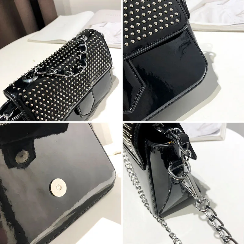 

2019 High Quality Glossy PU Leather Women Crossbody Bag Fashion Rivet Chain Design Women Shoulder Bags Ladies Bag