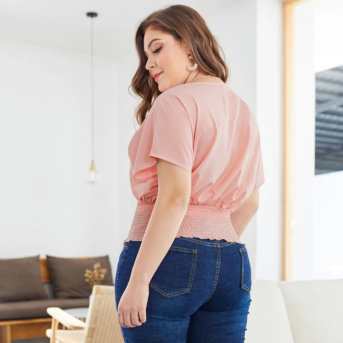 XL-4XL 2019 Лето Блузки Большие Размеры Мода v-образным вырезом розовая рубашка на