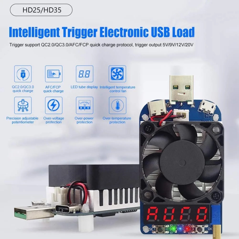 Aokin Hd25 Hd35 Trigger Qc2.0 Qc3.0 Electronic Usb Load Resistor Discharge Battery Test Adjustable Current Voltage 25w 35w | Инструменты