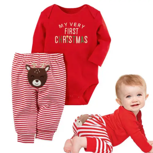 Hot Sale Christmas Clothes Baby Boy Girl Unisex Letter Long Sleeve Bodysuit Jumpsuit Tops Stripe Pants Casual Outfits Set 0-18M | Детская