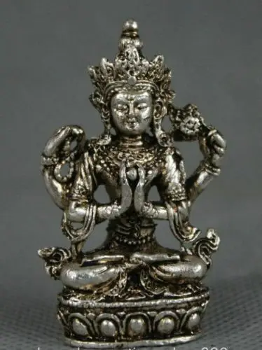 Тибетский буддизм Miao серебряное сиденье 4 руки Chenrezig Buddha статуя