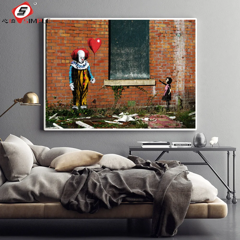 

Simple Banksy Street Art Painting Graffiti Poster Clown with Red Balloon Sad Girl Print Decor for Home Unframed