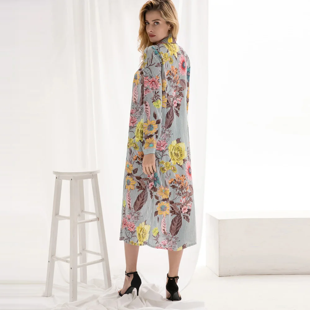 Retro 50s LADIES Women Long Shirt Floral Striped Top Collar Chiffon Dress Blouse | Женская одежда