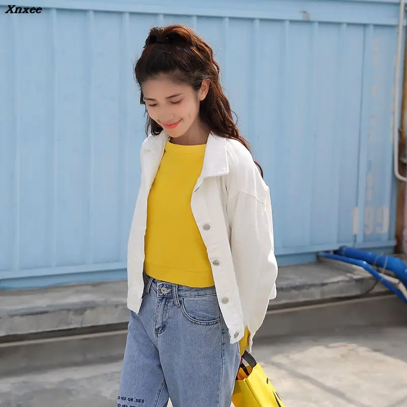 Куртка женская джинсовая короткая свободная верхняя одежда с отложным