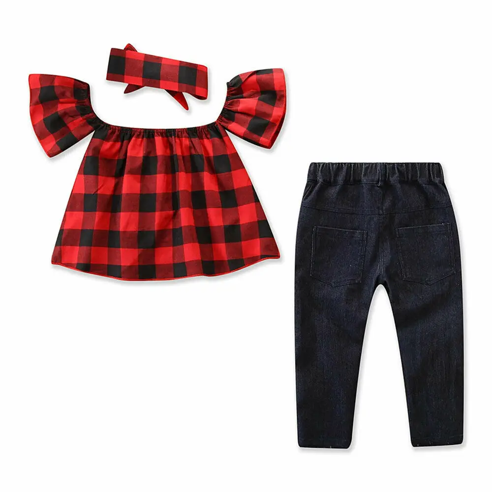 2-7Y Kid Girls Clothing Set Plaid Ruffles T Shirt + Denim Pants Costuems Fashion 2pcs/set | Детская одежда и обувь