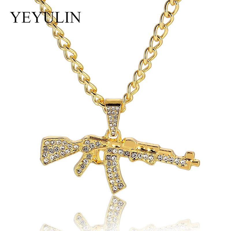 

Shining Golden Alloy Crystal AK47 Shape Pendant Chram Necklace Hip Hop Fashion Jewelry Gift For Party For Men Boy