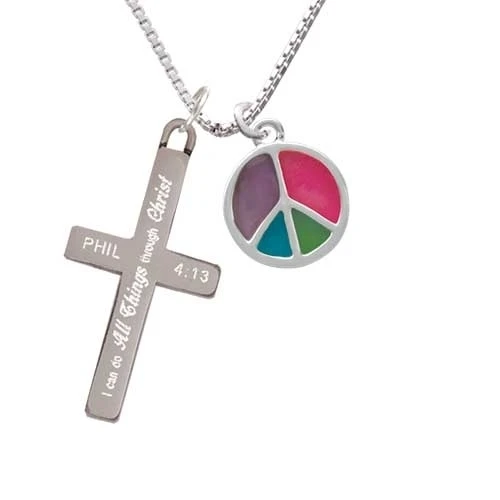 Multicolored Peace Sign - I Can Do All Things Cross Necklace | Украшения и аксессуары