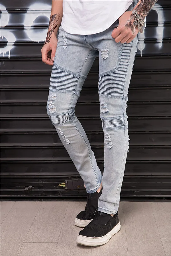 Skinny Jeans Men Vintage Denim Casual Stretch 2019 Spring Pleated Patchwork Hole Ripped Male Zipper Pencil Pants | Мужская одежда