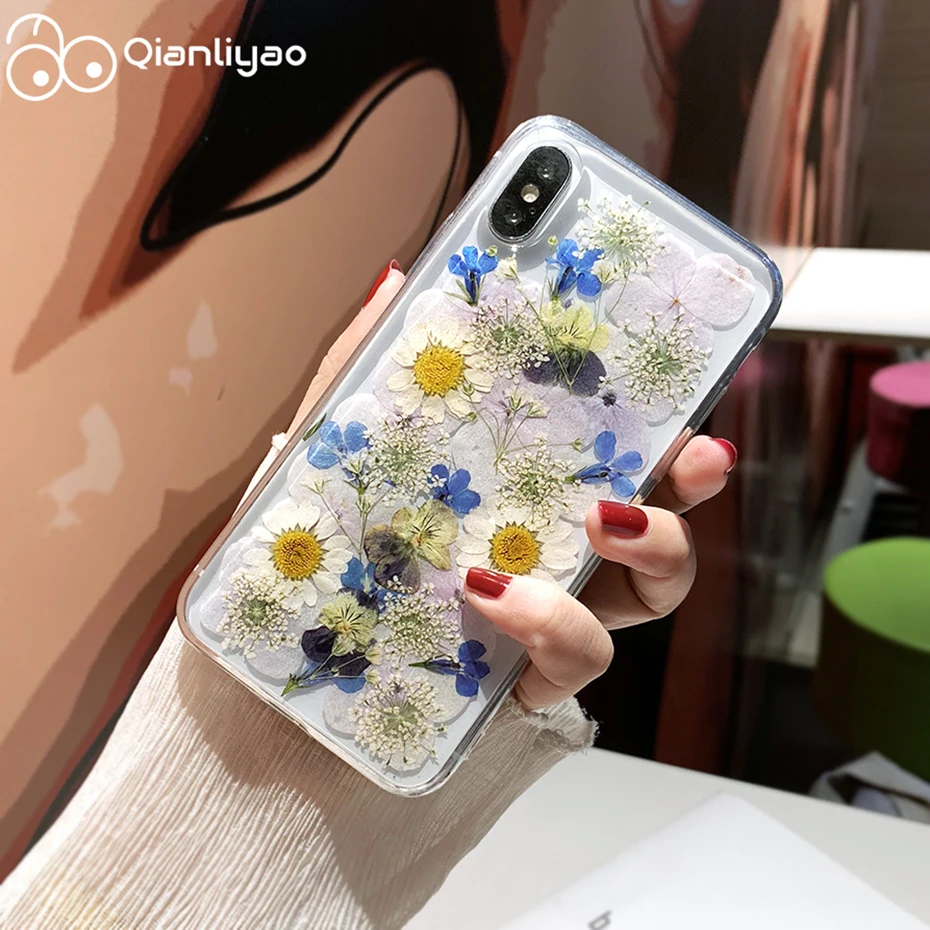Qianliyao для iPhone X XR XS Max чехлы телефонов натуральный цветок сделай сам высушенный