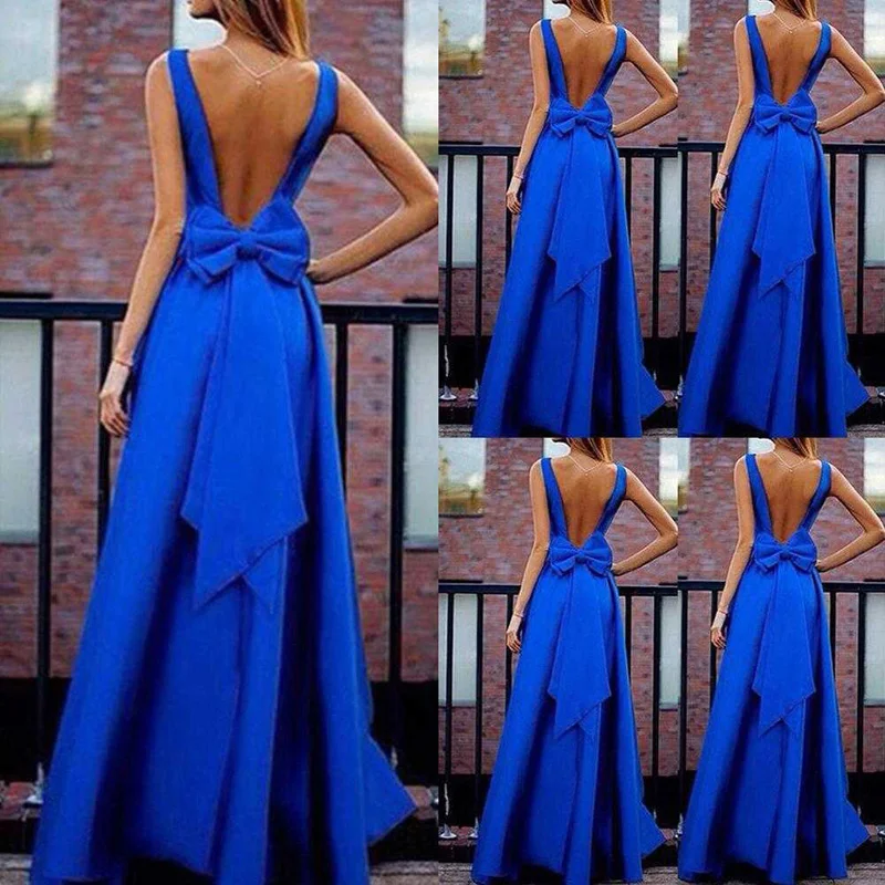 Женское платье с v-образным вырезом синее ТРАПЕЦИЕВИДНОЕ вечернее бантом |