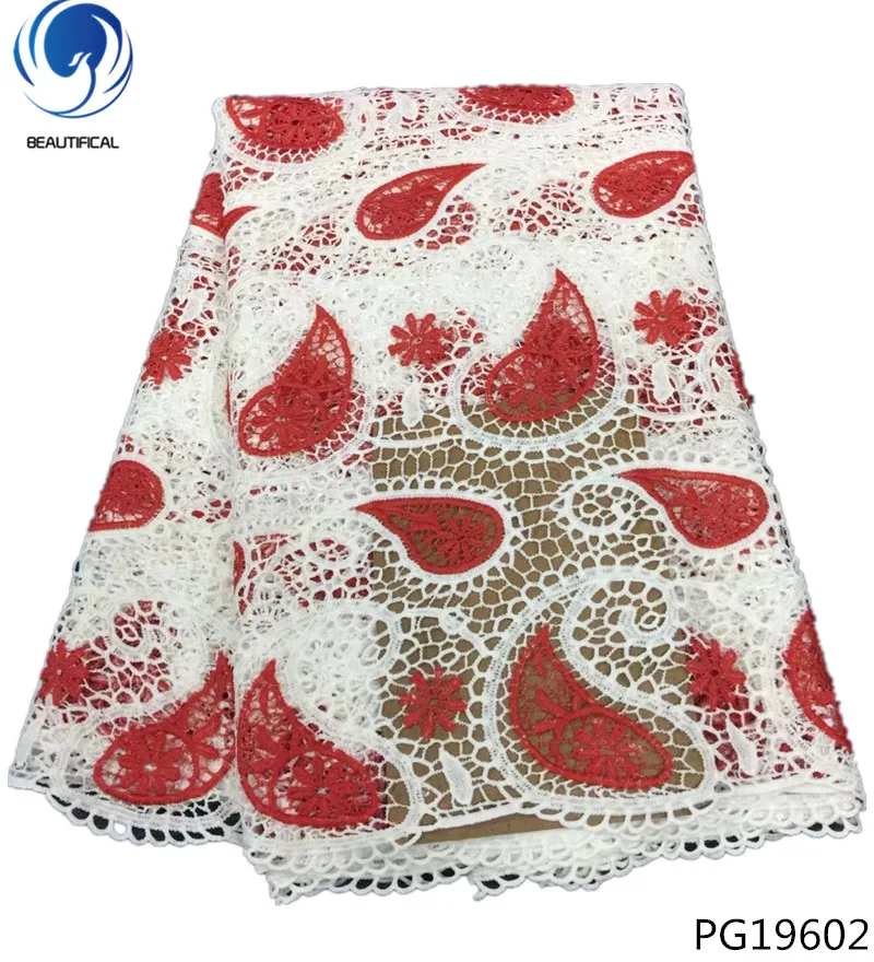 

Красивый нигерийский гипюр, кружевная ткань для свадьбы, Африканский шнур, кружевная ткань, вышивка, красный, белый цвет, PG196
