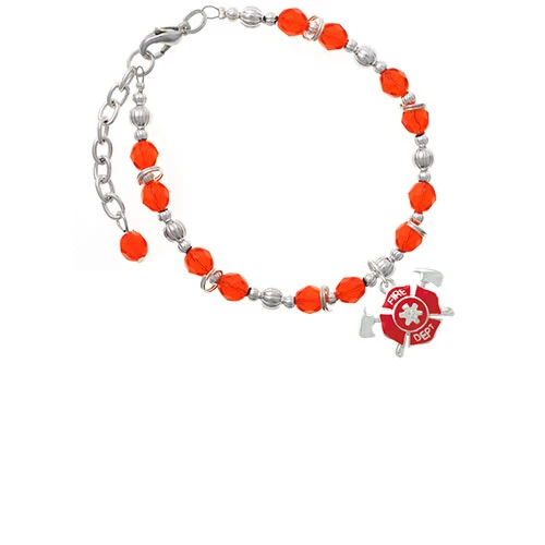 Red Fire Department Shield with Axes Orange Beaded Bracelet |