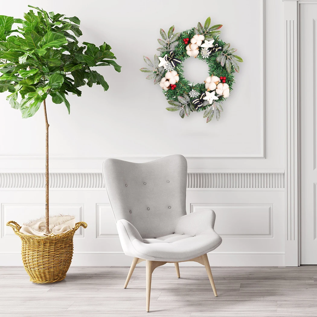 

35cm Handmade Christmas Wreath Cotton Wreath Circle Silk Artificial Garland Hanging Decoration Celebration Party Supplie