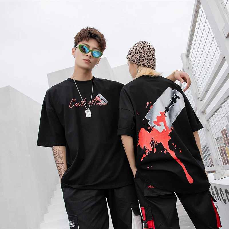 2019 summer new dropshipping blade drop blood print short-sleeved shirt men and women couple casual oversized fashion T-shirt | Мужская