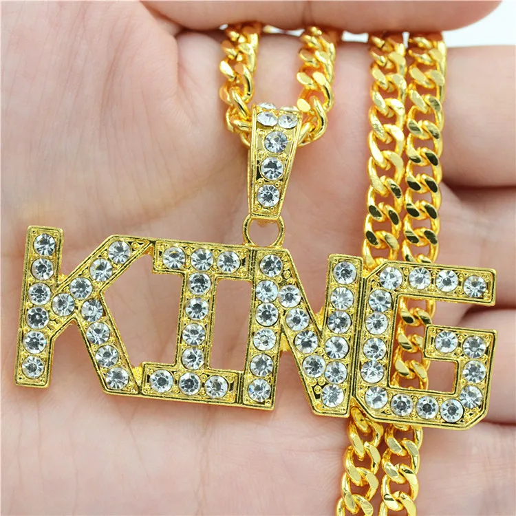 Хип Хоп Rap Charm письмо ожерелье полный стразы &quotКороль&quot Золотое подвесное