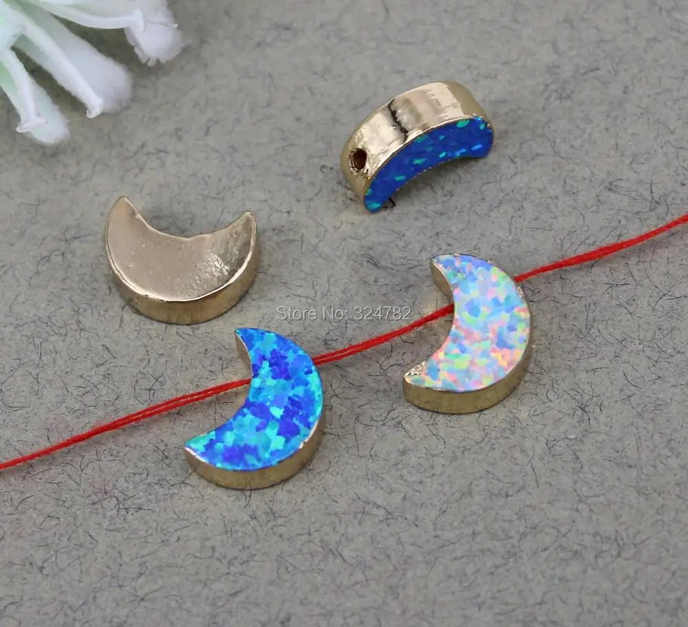 5pcs Gold Metal Blue White Opal Crescent Shape Connectors beads Opals Horn Pendant Moon Bead For Making Jewelry | Украшения и