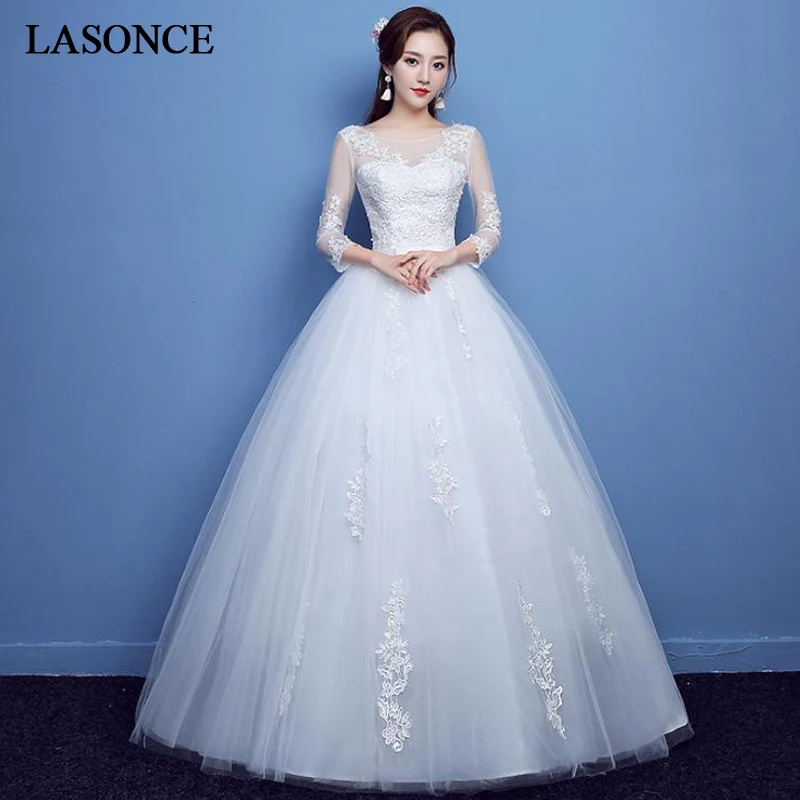 

LASONCE Illusion O Neck Bow Sash Ball Gown Wedding Dresses Lace Appliques Three Quarter Sleeve Backless Bridal Gowns