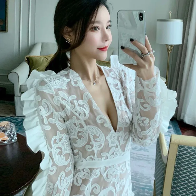 TWOTWINSTYLE 2019 Spring Dresses For Women V Neck Long Sleeve Patchwork Ruffle High Waist Elegant Party Dress Female Fashion | Женская