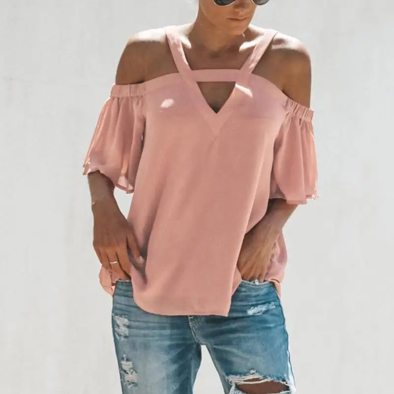 Женские Летняя шифоновая блуза с открытыми плечами нерегулярные v-образным
