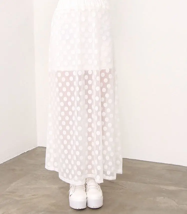 

Slim Elastic Waist Skirt Fashion Women Polka Dot Layer Lace Mesh Long Maxi Skirt One Size