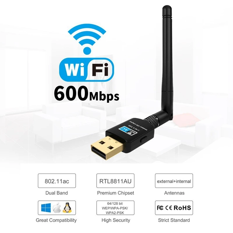 600 Мбит/с USB Wifi адаптер для рабочего стола Daul Band 2 4 ГГц/5 ГГц 433 802 11 ac/a/b/g/n
