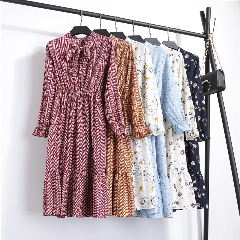 

2019 Hot Vintage Spring Chiffon Long-Sleeve Dress Dot Floral Printed for Women with Bow