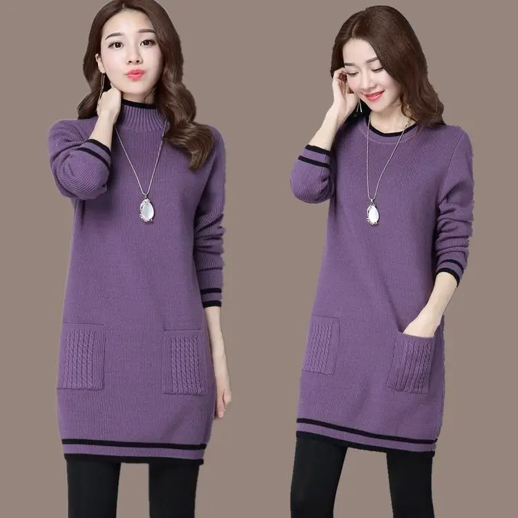 

Women Turtleneck Sweaters Fashion Pocket Stripes Long Knitted Clothes Loose Casual Tops Female O Neck Pullover Streetwear Jumper