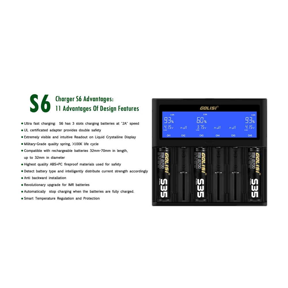 Golisi S6 UK plug 2A 1A 0.5A интеллектуальное зарядное устройство с ЖК-дисплеем для 18650 26650 20700