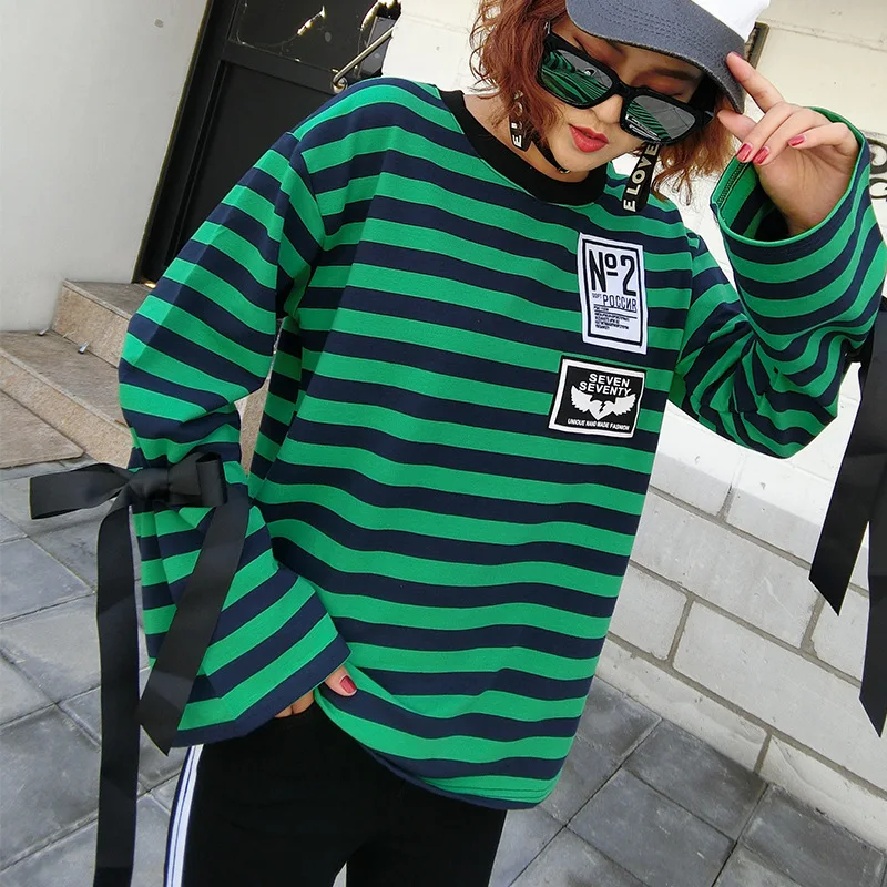 QING MO Женская Весенняя полосатая футболка зеленая белая женская с бантом круглым