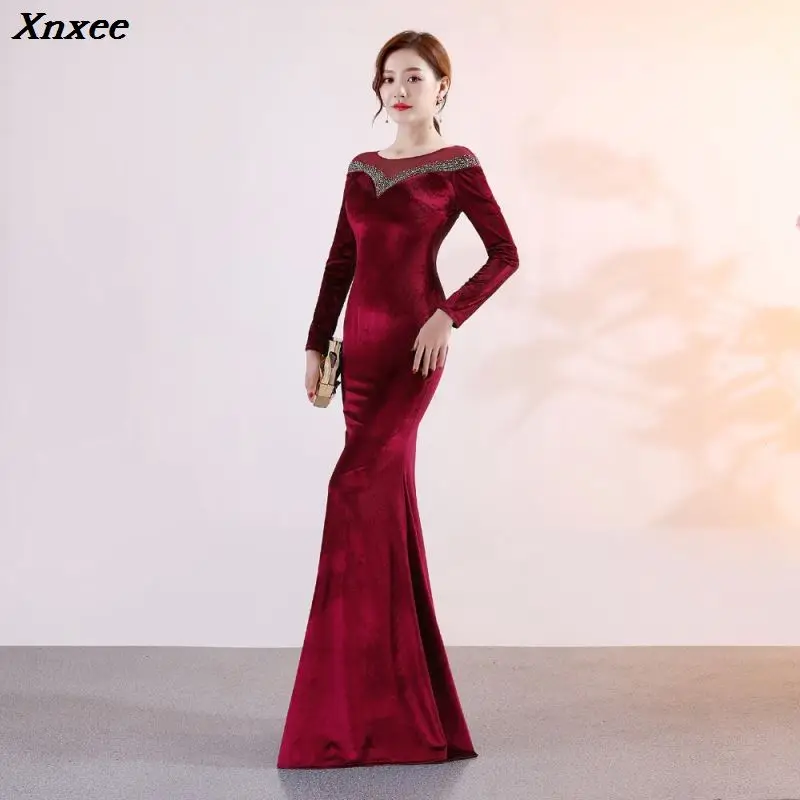 

Xnxee Women Elegant Wine Red Vevelt Long Sleeve Long Floor Length Mermaid Slim Maxi Formal Evening Party Dress Vestidos Verano