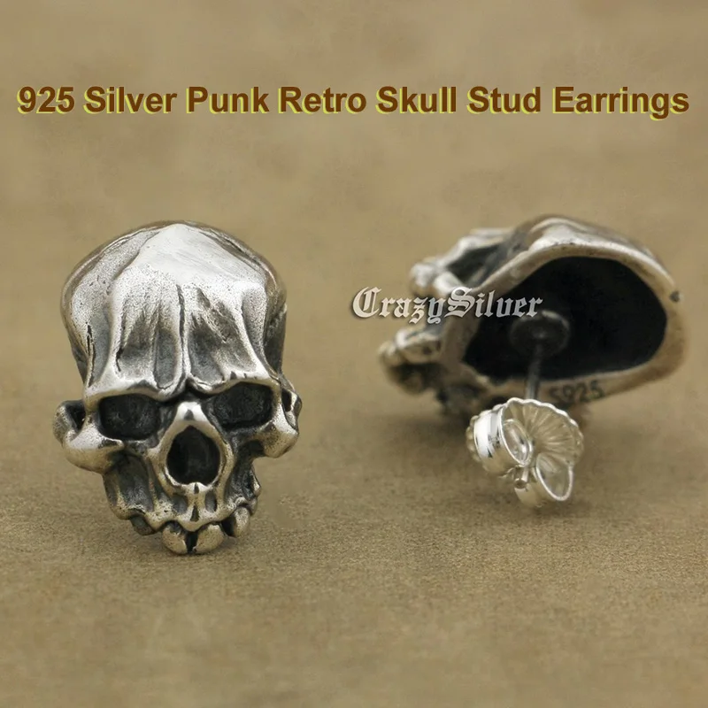 Cool Knight's Individuality Punk Rock Retro Skull Stud Earrings Men Solid 925 Sterling Silver TA40 | Украшения и аксессуары
