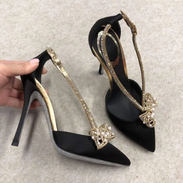 

Женские туфли на шпильке Moraima, черные туфли из натуральной кожи с острым носком и кристаллами на тонком каблуке, 2019