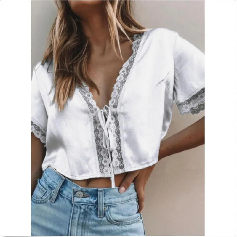 Fashion Women's T-Shirt Sexy Short Sleeves Lace Silk Satin Shirts Crop Tops Ladies' New White Color Bandage Hot Selling | Женская