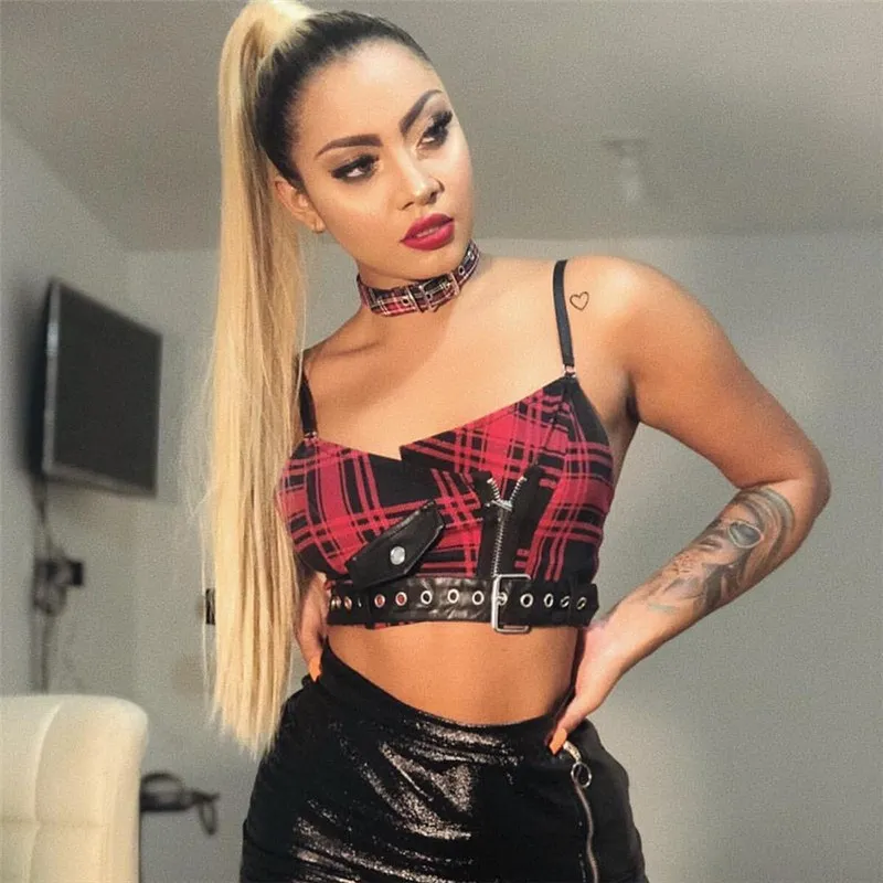 2019 Женская Сексуальная Красная клетчатая майка на молнии модные панковские