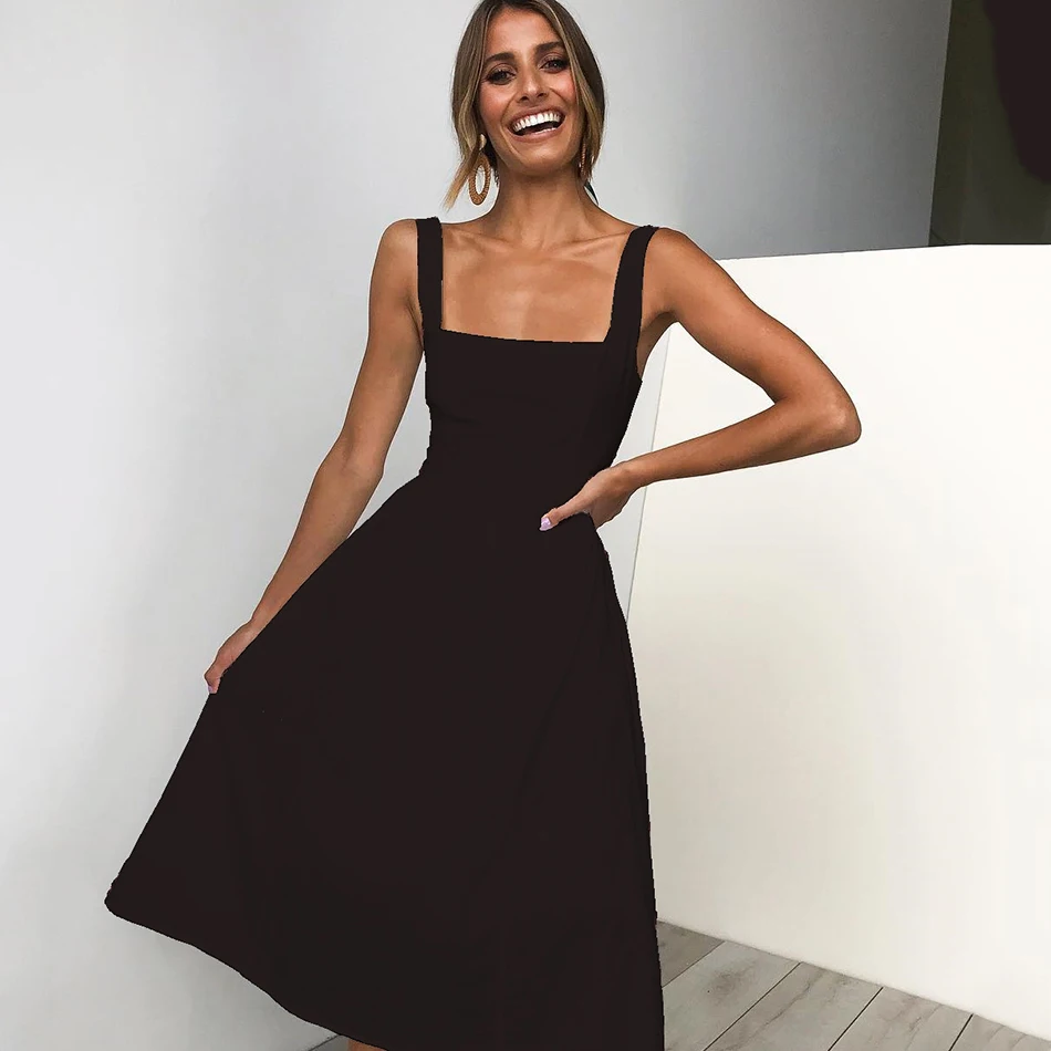 MOSHENGQI Solid Fit And Flare Dress Elegant Straps Sleeveless Plain A Line Dresses Women Pocket Summer | Женская одежда