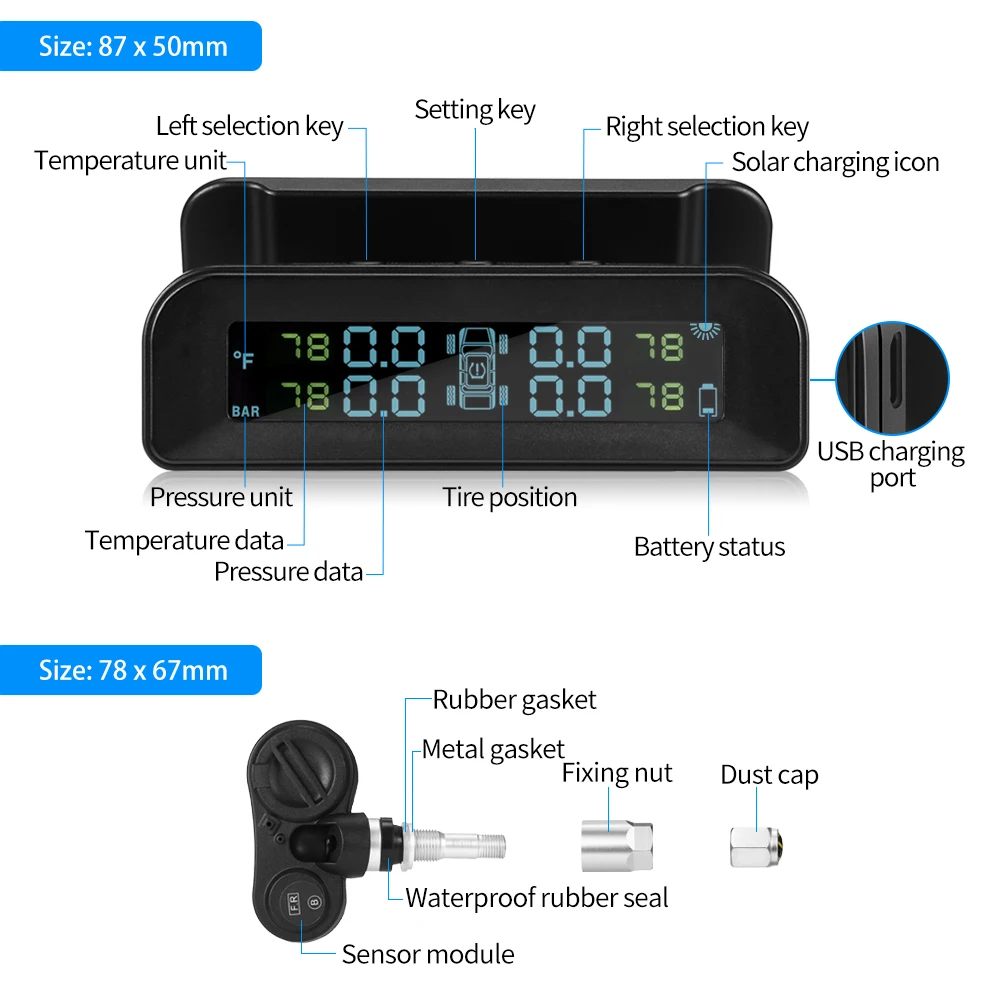 Прямоугольник C260 TPMS шин Давление мониторинга Системы Солнечный в реальном