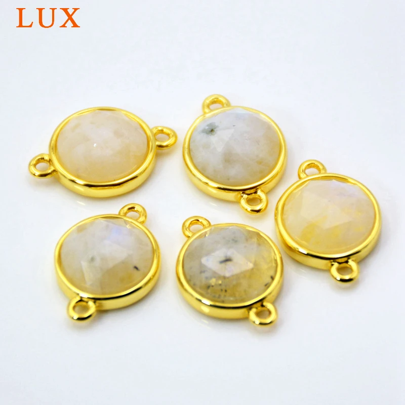 

Natural moonstone connector Faceted round Gem stone charms cute tiny jewelry gold bezel setting findings double bail pendant