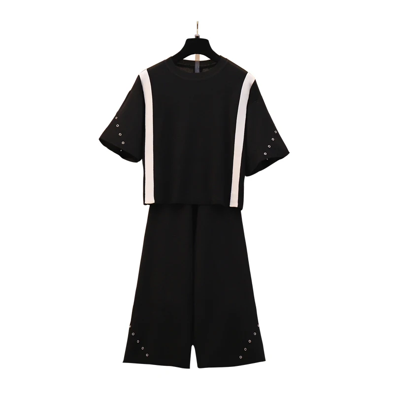 

Big yards Korean fashion knitted sweater loose top & wide pants 2 pcs clothing set women knitwear vestido black clothes XL-4XL