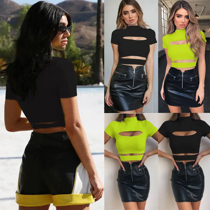 

Women's Short Sleeve Ladies Stretch Leotard Hollow Out High Neck Tops Blouse
