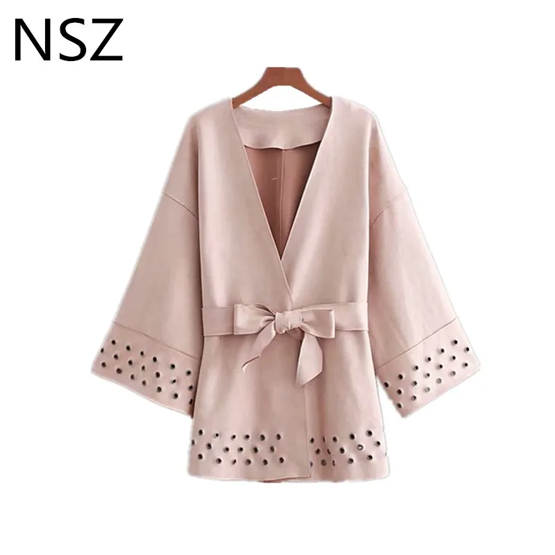 NSZ Для женщин выдалбливают Suede Kimono куртка пальто с поясом Прохладный Street Wear