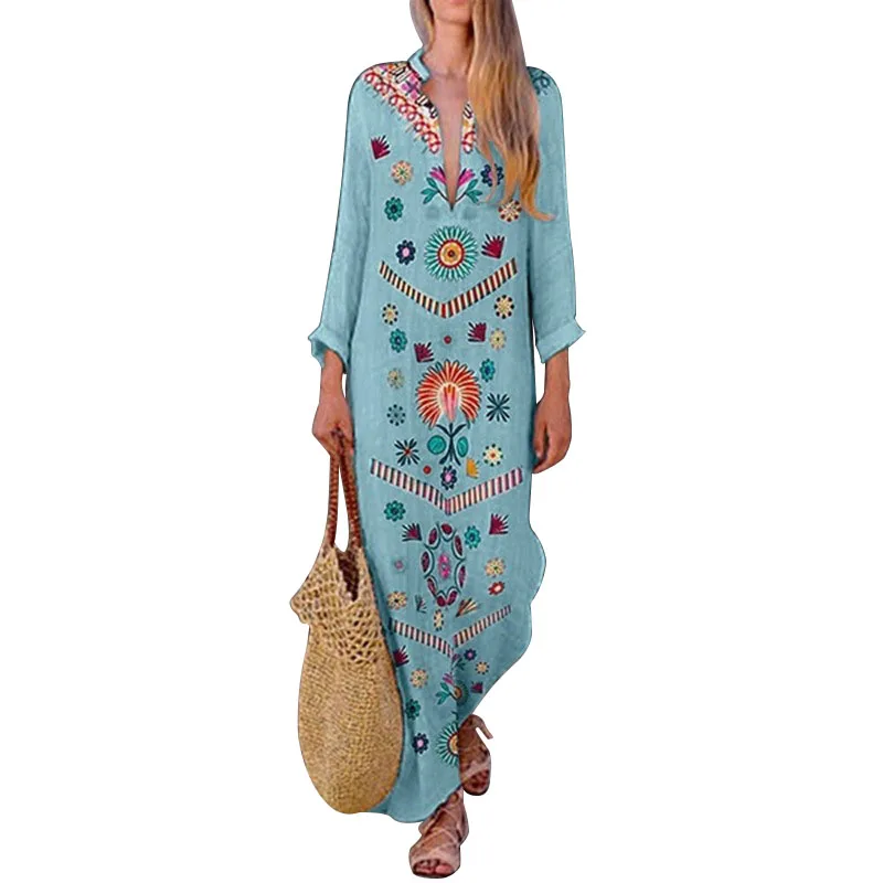 2019 Летнее Длинное платье с цветочным принтом Boho пляжное туника Макси женское