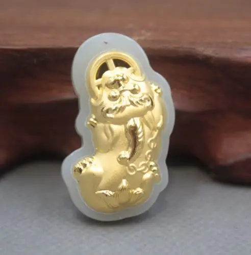 

Natural Hetian Jade Nephrite with 24K Gold Blessing Pixiu Pendant 35mm H