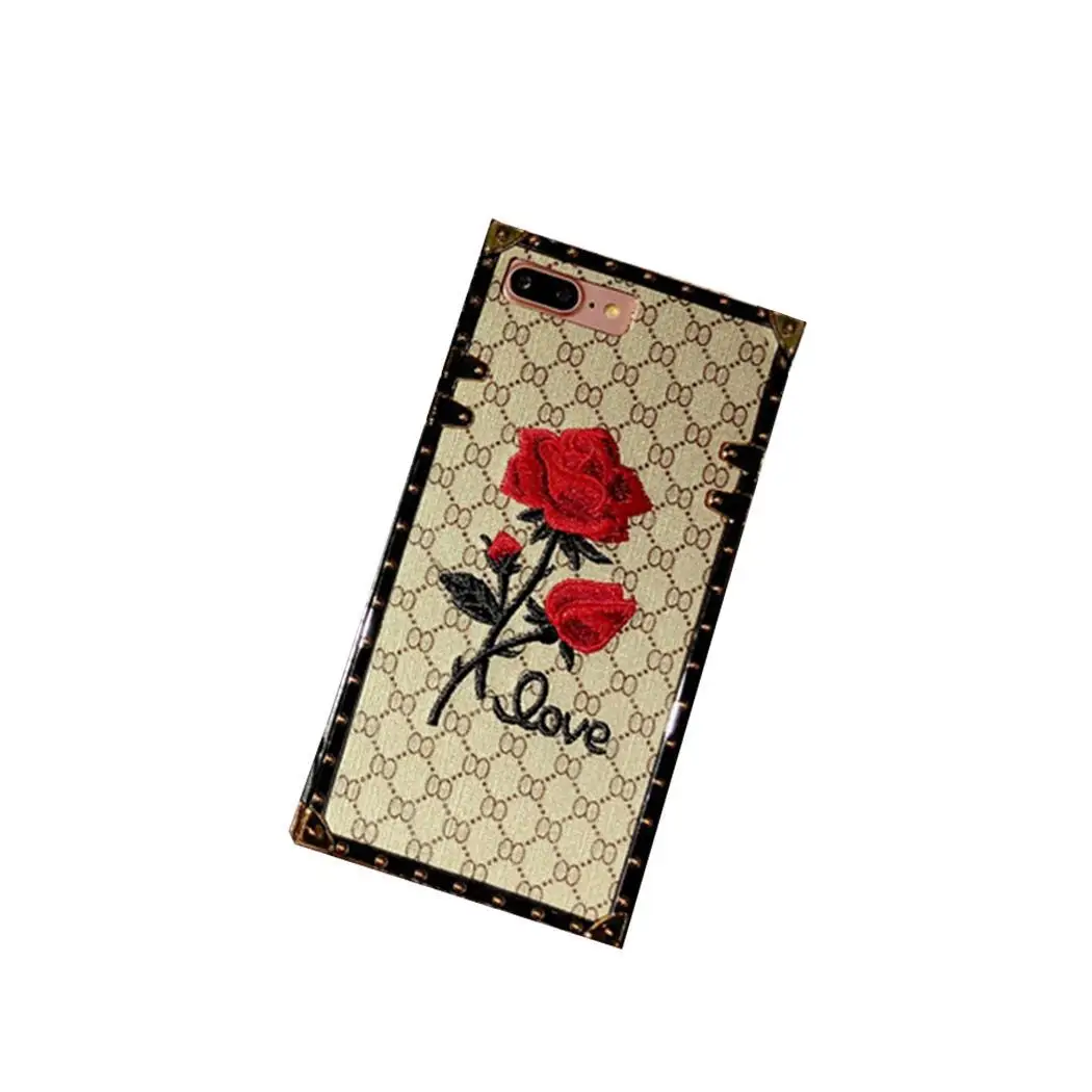 Phone Case Rose Embroidery Square With Lanyard Beige Red Gray Floral Letter Mobile Protective Cover For iPhone |