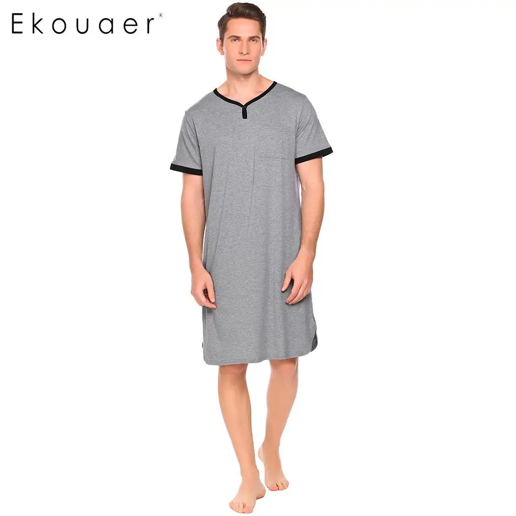 Мужская свободная ночная рубашка Ekouaer мягкая с V образным вырезом и короткими