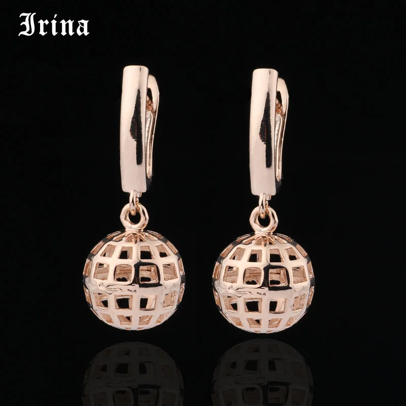 

Irina New Earring Unique Carved Hollow Ball 585 Rose Gold Long Dangle Earrings Women Fashion Wedding Party Fine Trendy Jewelry
