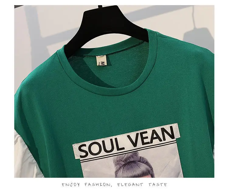 Женское платье с короткими рукавами повседневное зеленое оборками и принтом
